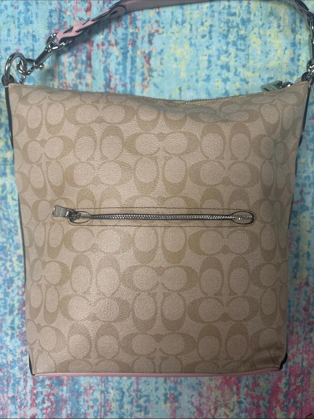 Coach Beige Signature Hobo with Pink Braided Strap